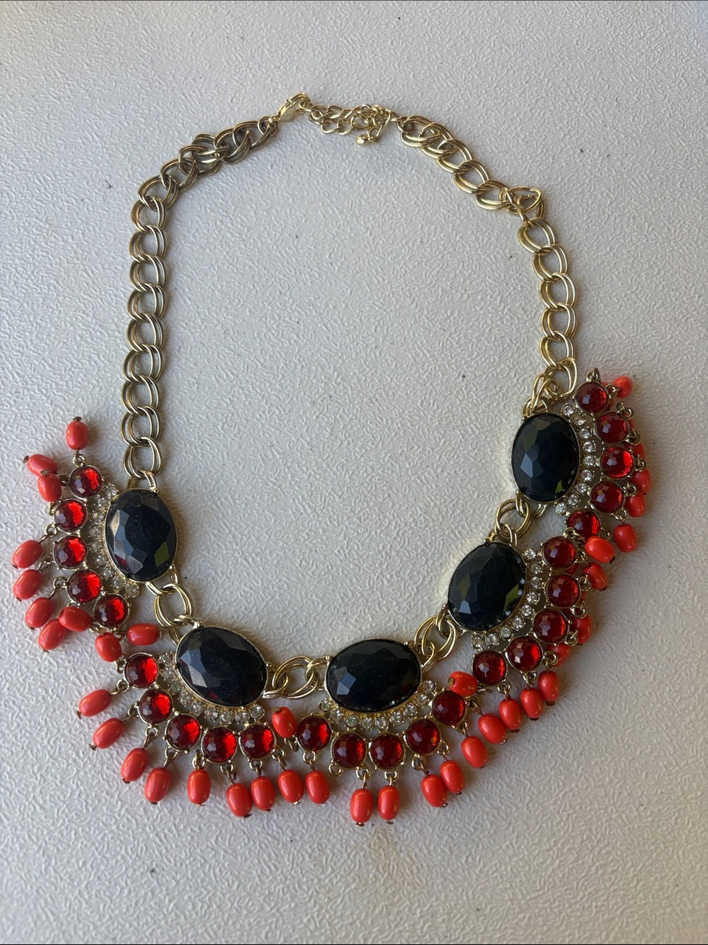 Gold Chain Statement Necklace with Black and Red Gemstones